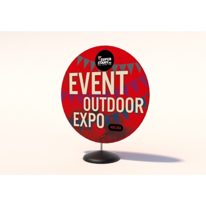 RED LIZA, textile circular wall, double-sided print, foldable construction with water base, bag