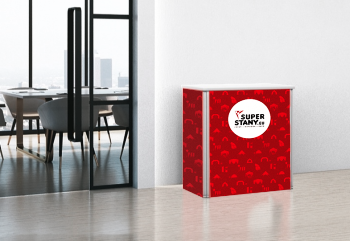 RED SEGA textile promo table with shelf, printed removable graphics